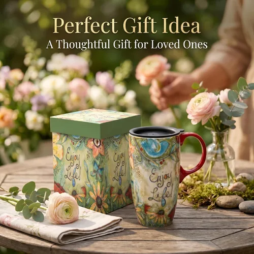 Miniatura 6 de CEDAR HOME Taza de Café de Cerámica de Porcelana con Tapa para Lata de Té 17oz. Disfruta de la Vida