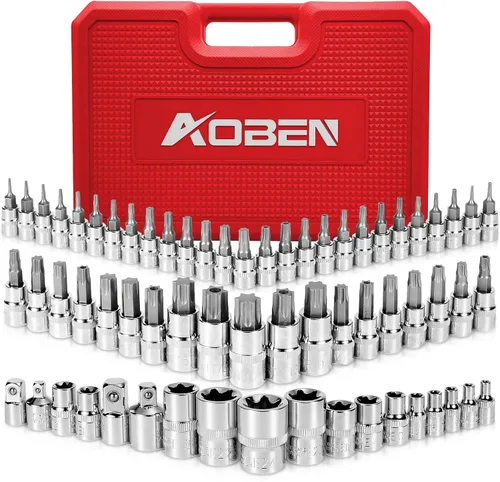 AOBEN Juego de 64 llaves de vaso Torx Master y juego de llaves Torx externas, 1/4, 3/8, 1/2 pulgadas (E4-E24, T6-T70, TT6-TT70, TP8-TP60), acero S2