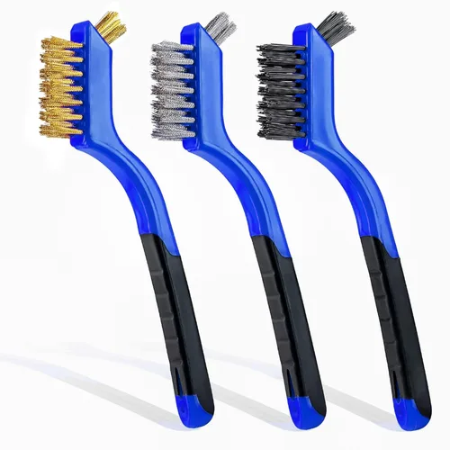 Lavaxon Juego de 3 cepillos de alambre, cerdas de nailon/latón/acero inoxidable con mango curvado para óxido, suciedad y limpieza profunda, 7 Azul