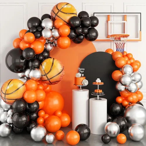 Kit de guirnalda de globos de baloncesto, globos metálicos naranjas, negros y plateados con globos de papel de aluminio de baloncesto para Rojo Azul