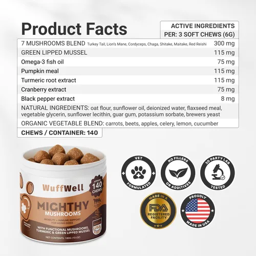 Miniatura 3 de WuffWell Masticables de hongos para perros – Sabor a mantequilla de maní con 7 hongos medicinales – Soporte inmunológico, cadera, articulaciones