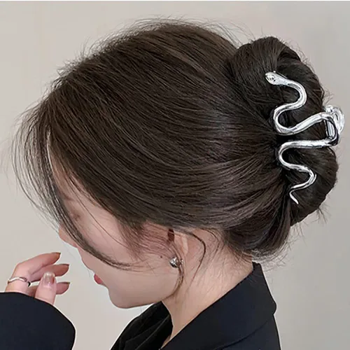 Miniatura 5 de AIUPUOC Accesorios grandes de metal plateado de serpiente: pinzas para el pelo gruesas elegantes, pasadores, horquillas de plátano para mujeres