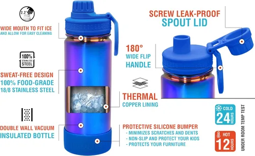 Miniatura 4 de CHILLOUT LIFE Botella de agua aislada para niños de 17 onzas para la escuela con tapa de boquilla a prueba de fugas y bonitas calcomanías Azul