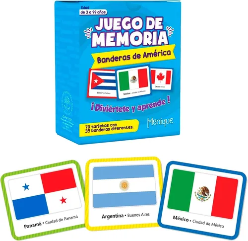 Menique Flags of The Americas Juego de Memoria de Banderas de las Américas – Edición en Español – 70 Tarjetas (35 Parejas) con Banderas, Países y