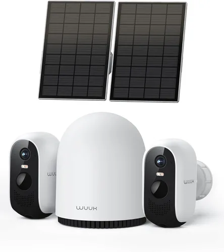 WUUK Cámaras de seguridad solar 2K inalámbricas para exteriores, sistema de seguridad para el hogar de 2 cámaras, visión nocturna a color,