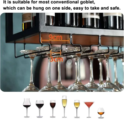 Miniatura 3 de Estante de techo para copas de vino, estante colgante de vino de altura ajustable, estante flotante de bar industrial, soporte para copas de vino