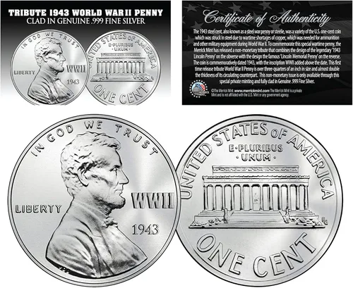 Moneda Tribute Steelie WWII Penny de 1943 revestida en auténtica plata fina .999 - Lote de 3