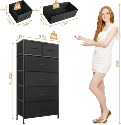Miniatura 3 de Mifuro - Cómoda alta para dormitorio, torre organizadora de almacenamiento vertical con 6 cajones, cómoda con contenedores de tela, marco de acero