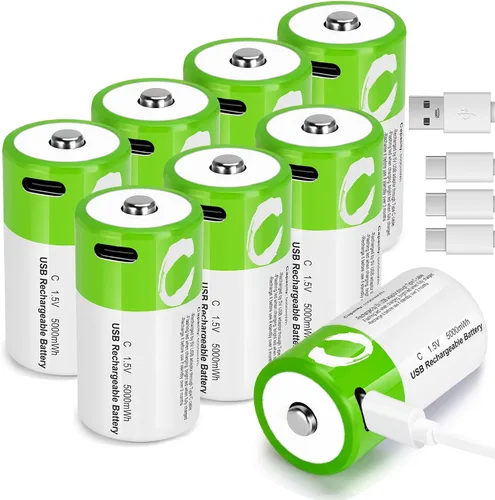 Miniatura 8 de Paquete de 4 baterías C recargables de litio, baterías C de iones de litio de 1.5 V de alta capacidad de 5000 mWh, con cable de carga USB-C 4 en 1