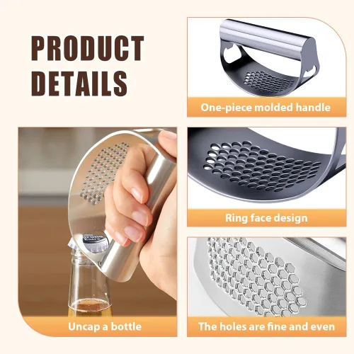 Miniatura 3 de Balancín de prensa de ajo de acero inoxidable, herramienta ergonómica de alta resistencia con pelador y cepillo para aplastar ajo, abridor de 2Sets