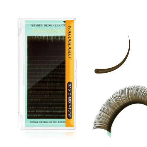 Miniatura 18 de NAGARAKU Extensiones de pestañas de color marrón oscuro 0.003 in, rizo B, 0.276-0.591 in, bandeja mixta, pestañas individuales, volumen de visón