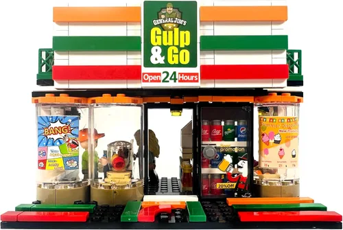 Miniatura 9 de General Jim's Gulp & Go - Juego de bloques de construcción de gasolinera para tienda de conveniencia, 320 piezas, tienda modular de esquina urbana