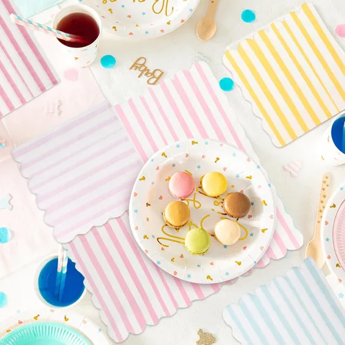 Miniatura 3 de Tenceur Paquete de 100 servilletas festoneadas en colores pastel con rayas mixtas de helado de 5 x 5 pulgadas, servilletas de papel desechables