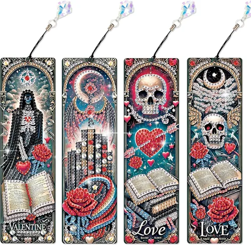 Miniatura 10 de Juego de 4 piezas de pintura de diamante, marcapáginas de mandala, de cuero, para manualidades, pintura de cristal con forma especial 5D por números
