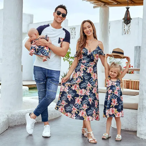 Miniatura 2 de Mumetaz Trajes familiares a juego para mamá y yo, vestidos con estampado floral, hombros descubiertos, cuello en V, volantes, ropa sin espalda