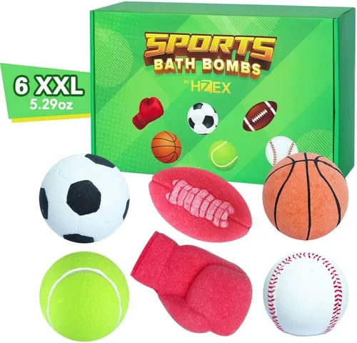 HZEX Set de regalo de bombas de baño con temática deportiva, 6 bolas gaseosas novedosas con baloncesto, tenis, béisbol, fútbol, fútbol y boxeo,