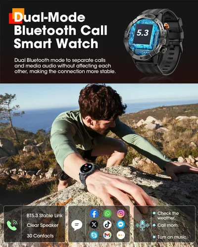 Miniatura 7 de Relojes inteligentes para hombre (impermeable/llamada/respuesta), reloj inteligente militar con frecuencia cardíaca, oxígeno, presión, monitor