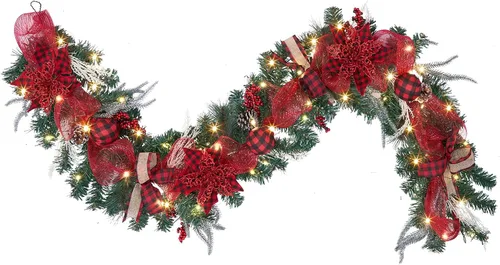 Miniatura 17 de Guirnalda de Navidad rosa de 6 pies para puerta delantera con 30 luces LED con temporizador, guirnalda festiva iluminada para vacaciones con copo