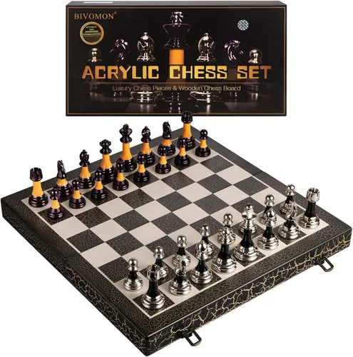 Miniatura 9 de BIVOMON Juego de Ajedrez de Madera Plegable de 16" Tablero de Ajedrez Blanco y Negro Piezas de Ajedrez de Acrílico de Lujo con Peso de 3.5