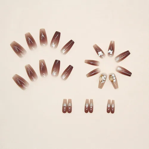 Miniatura 2 de Uñas postizas a presión con diseños de longitud media, forma de ataúd, cobertura completa, reutilizables, con pegamento, uñas adhesivas