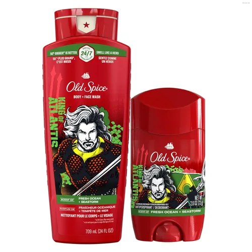 Old Spice Paquete de gel de baño + desodorante antitranspirante, Aquaman King of Atlantis, frescura 24/7, Smell Like a Hero, Fresh Ocean + Seastorm