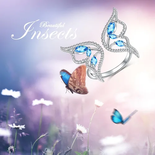 Miniatura 4 de DAOCHONG Anillos de mariposa con circonita cúbica azul y plata de ley 925 para mujeres y niñas, Plata, Zirconia cúbica