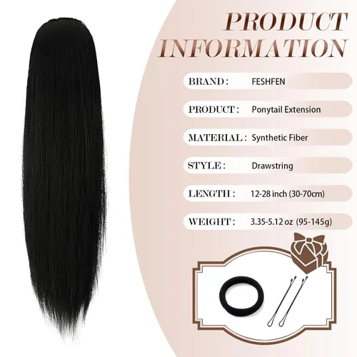 Miniatura 5 de FESHFEN Extensiones de cola de caballo rectas, colas de caballo largas con cordón, cola de caballo sintética con clip para mujer, color negro