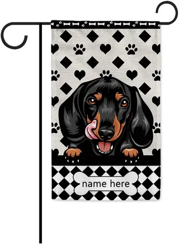 Bandera personalizada de jardín para perro, lindo perro salchicha salchicha, lunares, búfalo, bandera a cuadros para decoración del hogar al aire