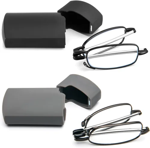 Paquete de 2 lentes de lectura plegables de acero inoxidable, mini lector de bloqueo de luz azul para hombres y mujeres Paquete de 2 (negro + gris)
