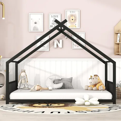 Miniatura 3 de P PURLOVE Marco de cama de tamaño matrimonial, marco de cama Montessori de metal para niños, marco de cama de casa para niños con techo, cabecero