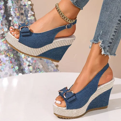 Miniatura 3 de Sandalias de cuña de mezclilla para mujer 2026 con puntera abierta, alpargatas con lazo, zapatos casuales de playa de verano para viajes, fiestas