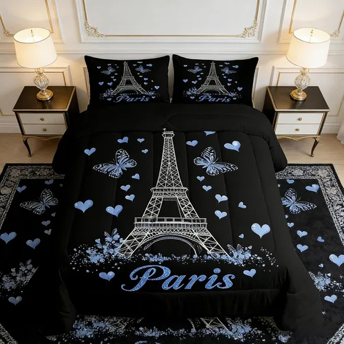 Manfei Juego de edredón de la Torre Eiffel, tamaño individual, edredón de plumón con corazones de mariposa y flores azules con 1 funda de almohada,