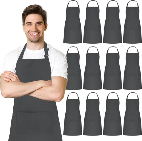Adjustable Bib Apron 100% Polyester Kitchen Aprons Waterdrop Resistant Aprons with Adjustable Strap, Pockets & Long Ties Gris
