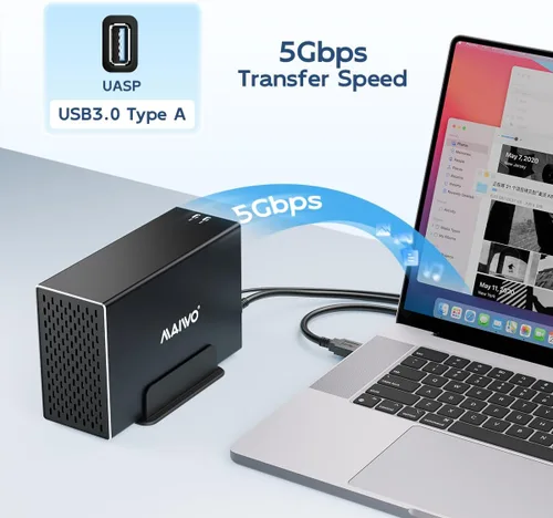 Miniatura 2 de MAIWO Caja RAID de disco duro de doble bahía con ventilador de refrigeración para 2.5/3.5 pulgadas SATA SSD/HDD, caja de disco duro USB 3.0 de 5
