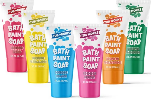 Tub Works® Jabón de Pintura de Bañera, Juego de Juguetes de Baño de 6 Piezas Neón | No Tóxico | Pintura de Bañera Lavable para Pintar con los Dedos
