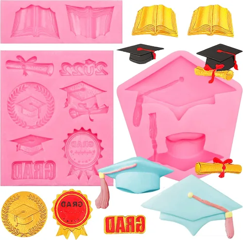 Miniatura 15 de Moldes de silicona para chocolate con tapa de graduación, moldes para hornear fondant de graduación 2023 para decoración de pasteles, decoración