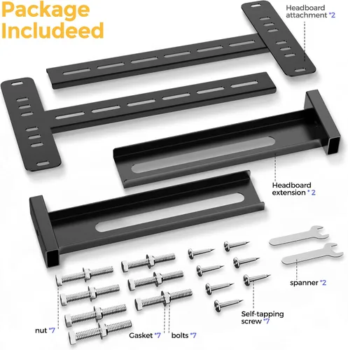 Miniatura 8 de Paquete de 2 soportes de cabecera de acero sólido para marco de cama de metal, soportes de cama ajustables para cabecero con kit de extensión