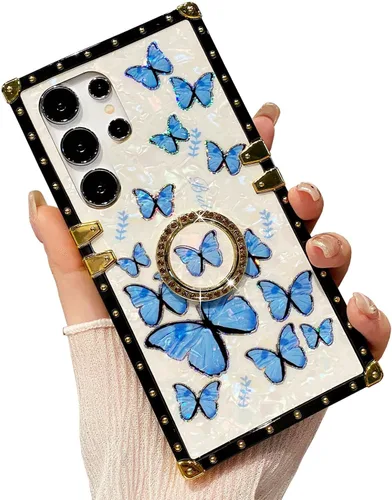 Miniatura 66 de Bonita funda compatible con Samsung Galaxy S22 Ultra, soporte plegable de lujo con diseño de mariposa brillante para mujeres y niñas, funda Blanco