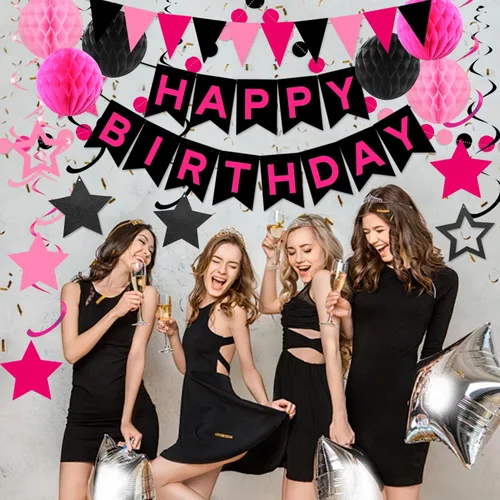 Miniatura 2 de Decoraciones de Fiesta de Cumpleaños en Negro y Rosa - Pancarta de Feliz Cumpleaños, Bolas de Panal, Remolinos de Estrellas, Puntos Circulares