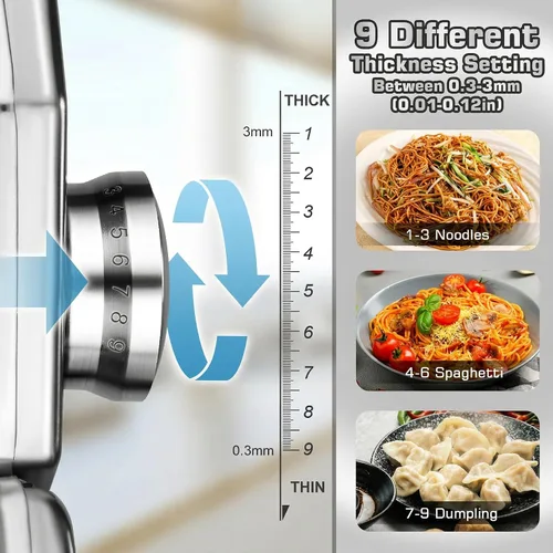 Miniatura 2 de Sailnovo Máquina para hacer pasta, máquina para hacer pasta de rodillo 180, 9 ajustes de grosor ajustables, máquina de fideos 2 en 1 con rodillos