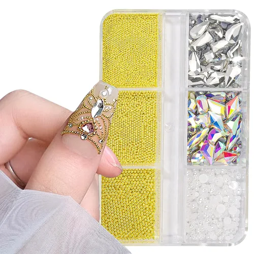 Miniatura 15 de Dijes 3D para arte de uñas, oro rosa, cuentas de micro caviar, diamantes de imitación para uñas acrílicas, tamaño mixto, diamantes de imitación AB