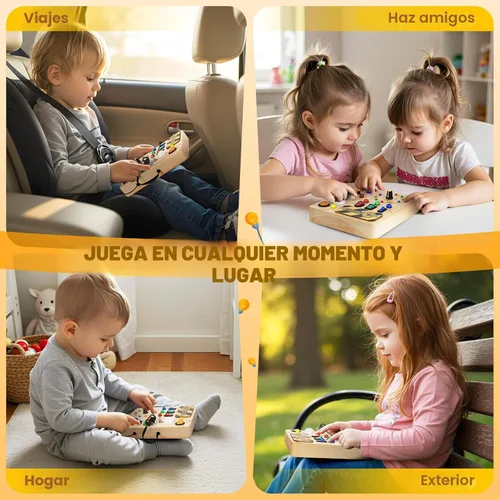 Miniatura 4 de Tablero de actividades, juguetes Montessori para niños de 1 año o más, tablero de actividades con 13 luces LED, juguete educativo de viaje de madera
