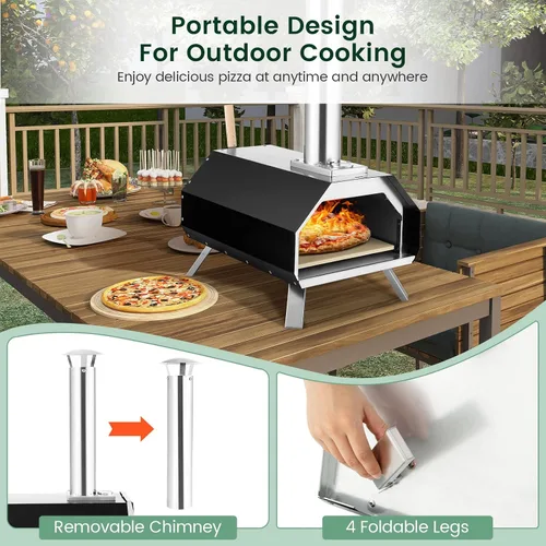 Miniatura 6 de Giantex Horno de pizza al aire libre, parrilla de pellets de madera con piedra de 12 pulgadas, pelar, patas plegables, fabricante portátil de acero