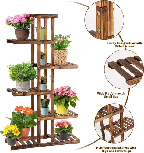 Miniatura 4 de Giantex Estante de madera para plantas, 7 estantes de madera, 11 macetas, estante de exhibición de bonsái para interiores y exteriores, jardín