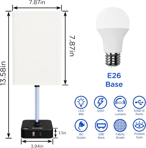 Miniatura 8 de COZOO - Lámpara de mesa y mesita de noche con control táctil de intensidad regulable de 3 vías, 3 puertos de carga USB y 2 tomas de corriente, base