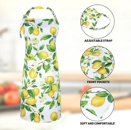 Miniatura 3 de G2PLUS Delantal de cocina de algodón con bolsillos, delantal grueso de limón, delantal de cocina ajustable para hornear, delantal de chef