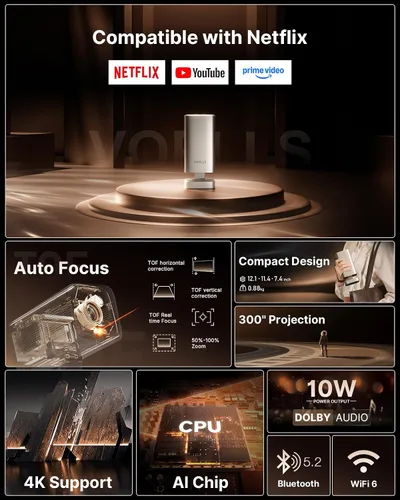 Miniatura 2 de [Aplicación con licencia oficial y audio DoIby] Mini proyector inteligente con WiFi y Bluetooth, proyector portátil VOPLLS para exteriores 4K Dorado