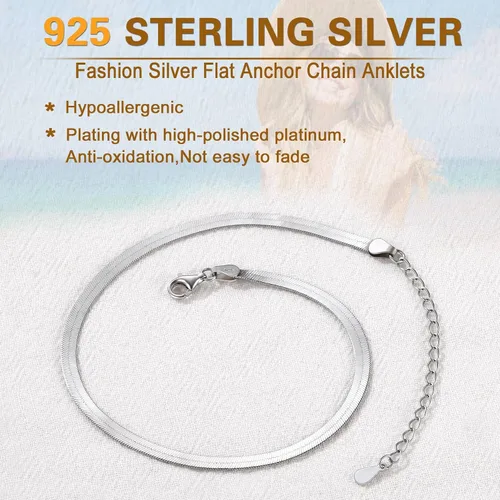 Miniatura 3 de SILVERCUTE Silver Ankle Bracelets for Women, Sterling Silver Initial Anklet Layer Wear Handmade A-Z Letter Anklet, FlowerFigaroCuban LinkHerringbone