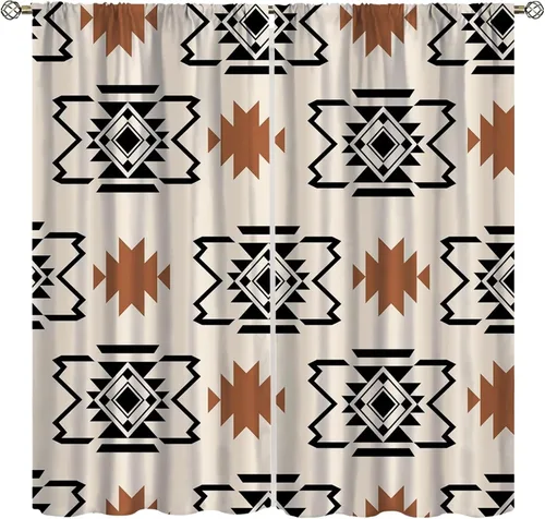 Miniatura 17 de Cortinas aztecas, patrón étnico tribal nativo del suroeste, estilo bohemio occidental, geométrico, tratamientos de ventana para sala de estar, juego