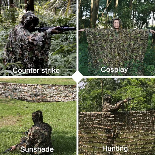 Miniatura 6 de Zicac Traje de Ghillie al aire libre 3d Leafy Camo Poncho para hombres caza pájaro reloj militar CS Woodland capucha camuflaje capa
